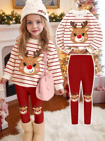 SHEIN Cream White & Burgundy Striped, Cute Christmas Cartoon Reindeer Pattern, Young Girl Casual Soft Thick Crew Neck Long Sleeve Sweatshirt And Leggings Set, Suitable For Autumn/Winter Daily Wear, Christmas, Cozy Season, Christmas Gifts, Autumn & Winter Outfits For , Easy Comfort, Autumn & Winter Layers For Girls, Stylish Girls, Casual Wear, Kids Graphic Clothes, Fall & Winter Clothes, New Style