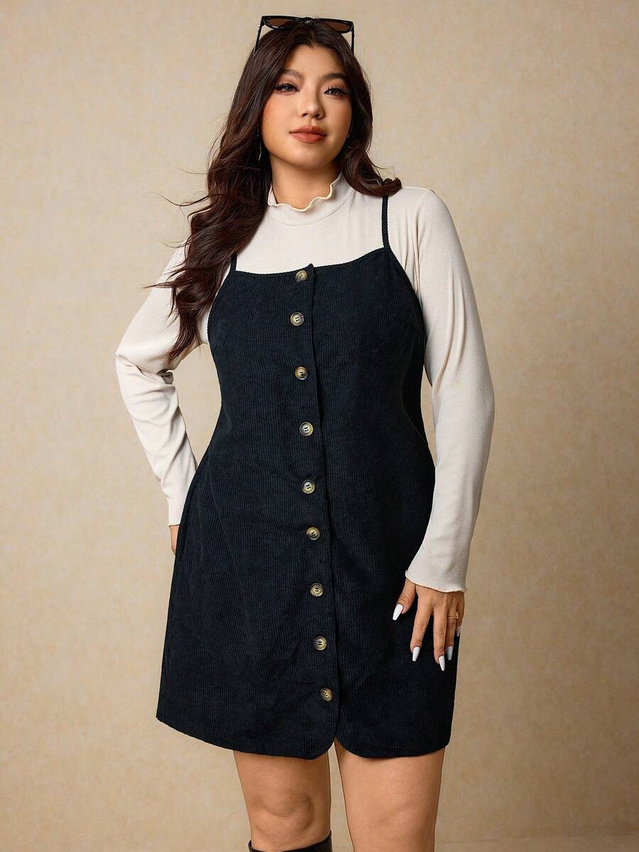 Elaquor Plus Size Women 2pcs Set: Solid Color Frill Collar Long Sleeve Top And Single-Breasted Strap Dress - Black and White - View 1