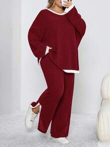 SHEIN CURVE+ 2 件套加大码撞色边罗纹针织圆领长袖上衣和开衩长裤，女士冬装 - 酒紅色 - 查看 8