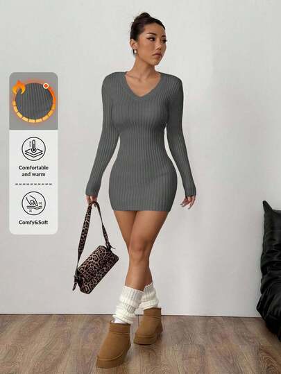 EURMUSE Women's Solid Color V-Neck Long Sleeve Fitted Knit Dress, Autumn/Winter