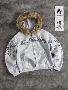 ROMWE MEN Street Life Áo hoodie nam tay dài, cổ lông xù, in họa tiết, dáng rộng, có khóa kéo. - Xám - Xem 1