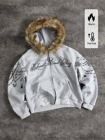 Street Life Sudadera con capucha con cremallera, cuello de felpa estampado, corte holgado, manga larga para hombre