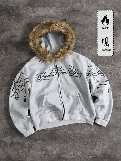 Street Life Sudadera con capucha de forro polar con estampado de cuello para hombre, corte holgado