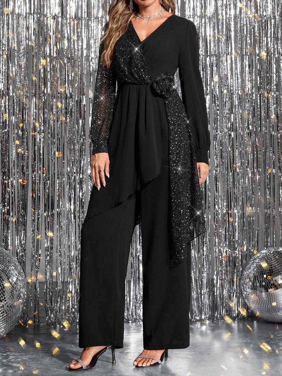 SHEIN Clasi 女款秋季黑色優雅性感夜店風兩件套，金屬拼接3D花卉V領長袖不對稱下擺上衣與直筒長褲
