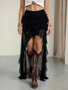 SHEIN Tall 女士夏季音乐节嬉皮波西米亚西部风Y2K仙女风网纱白色不对称下摆褶裥裙 - 黑色 - 查看 6