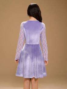 Teen Girl Long Sleeve Round Neck A-Line Christmas Elegant Party Dress - Purple - View 2