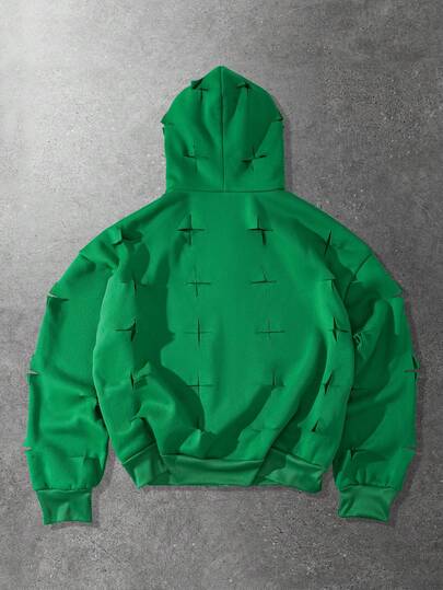 Sudadera con capucha de unicolor y cremallera rasgada para hombres, otoño/invierno