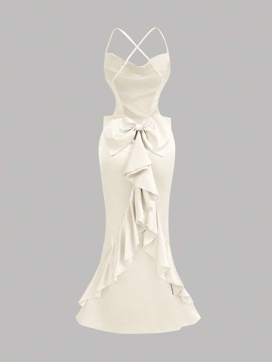 SHEIN MOD Vintage Court Off-White Summer Elegant Gothic Prom Mermaid Dress,Ruffle Off-Shoulder Luminous Satin Open Back Design With Flowing Ribbons For Party - Beige - View 1