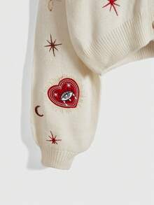 ROMWE Hippie Women's Retro Palace Heart, Eye, Sun, Moon, Star, Moth Embroidered V-Neck Knitted Cardigan - Apricot - View 4