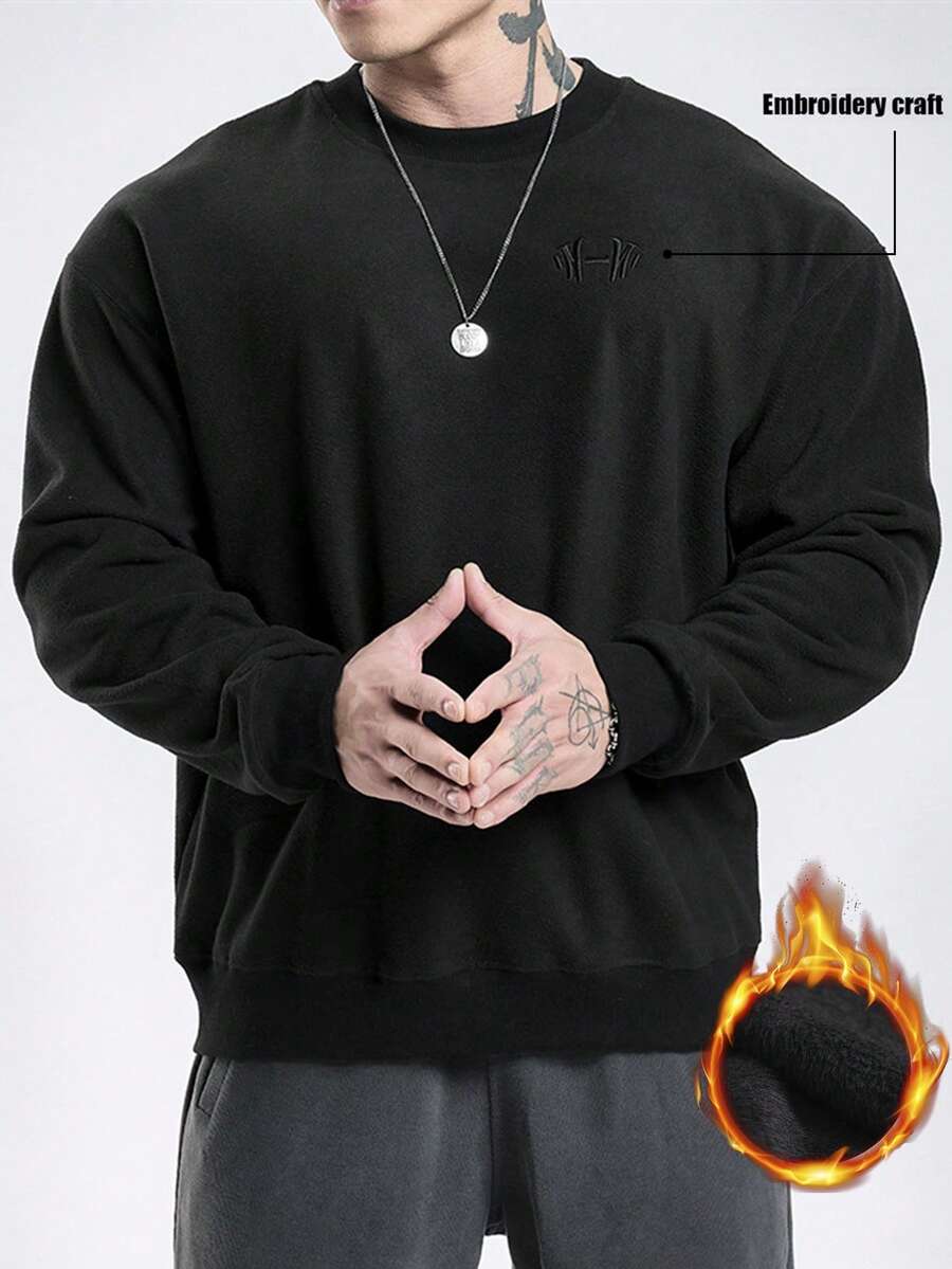 Manfinity Sport Corelite 男士纯色简约休闲保暖圆领长袖运动衫 - 黑色 - 查看 1