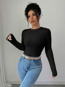 SHEIN Raffinéa Casual Solid Color Slim Fit Crew Neck Sweater, Autumn/Winter - Black - View 5