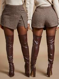 Radiana Shorts/mini saia vintage exclusivos de lã pied-de-poule marrom, cintura alta, cor Maillard, calça casual de negócios adequada para lazer, deslocamento, escritório, festa, outono/inverno