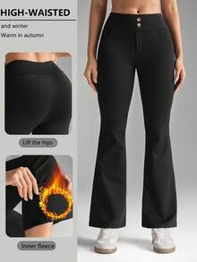SHEIN Sports Celana Panjang Wanita Kasual Sehari-hari untuk Berpergian, Warna Polos Sederhana, Model Lebar dengan Kantong Miring, Lapisan Termal untuk Kehangatan - Hitam - View 1