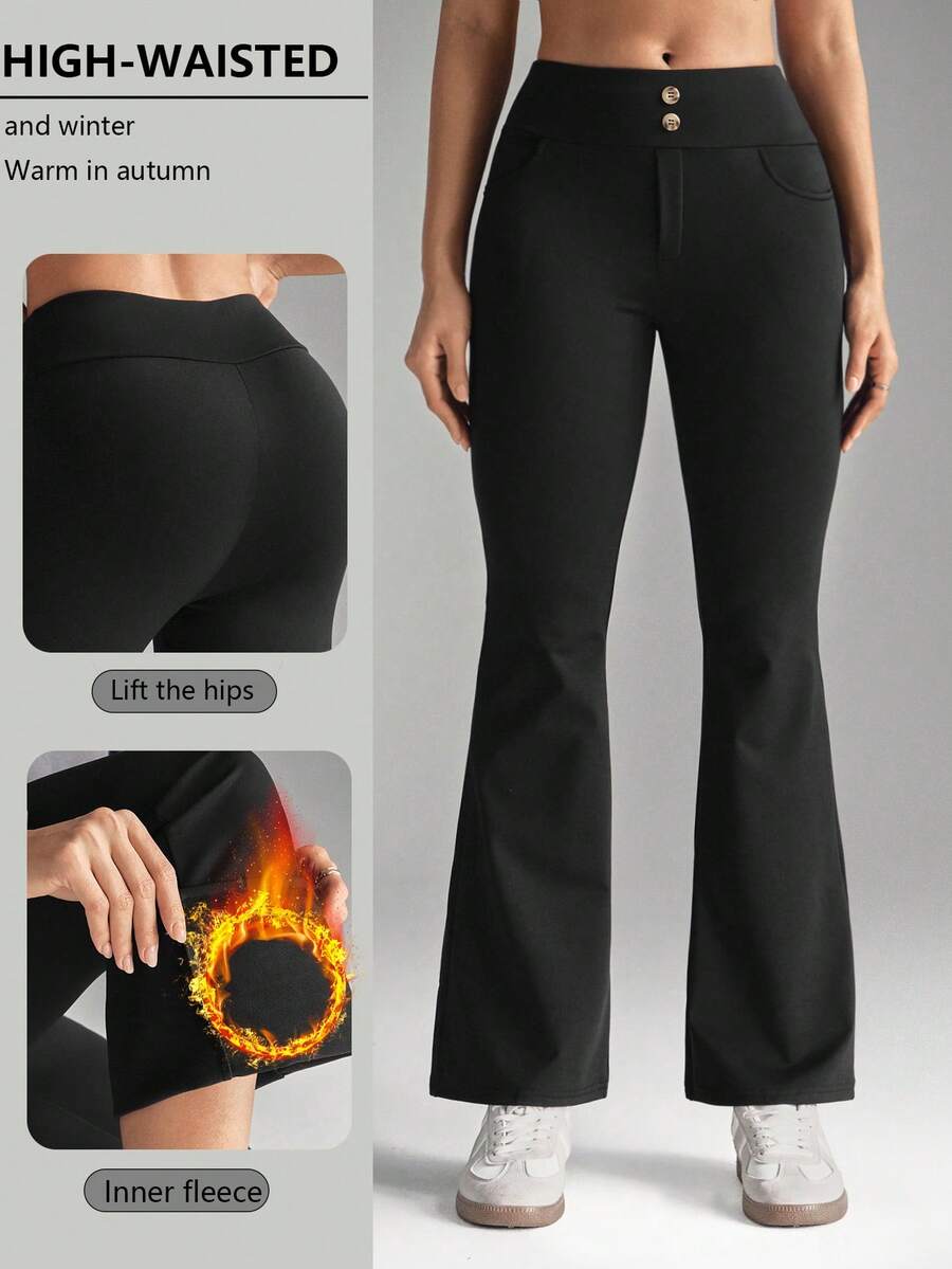 SHEIN Sports Celana Panjang Wanita Kasual Sehari-hari untuk Berpergian, Warna Polos Sederhana, Model Lebar dengan Kantong Miring, Lapisan Termal untuk Kehangatan - Hitam - View 1