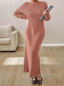 EURMUSE Boat Neck Ribbed Knit Midi Dress – Earthy Brown | Oversized Fit With Textured Stitch - Rusty Rose - View 4