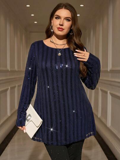EMERY ROSE Plus Size Women's Striped Sequin Embellished Round Neck Long Sleeve Blouse, Autumn/Winter, Going Out , 2025 New , Simple And Fashionable For Everyday Wear, Plus Size Winter , Comfortable And Breathable, Christmas For Women, New Year , Suitable For Multiple Occasions, Christmas, Date Night Women, Night Party, Elegant Party, Date Night Women, Thanksgiving For Women