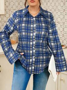 Elenzga Camisa casual de talla grande con mangas raglán y botones con contraste de cuadros - Azul - Ver 1