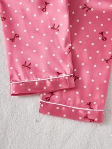 2 Piece Sets Girls Taffeta Bow Print Polka Dot Long Sleeve Top And Pants Pajama Set, Spring/Autumn - Hot Pink - View 7