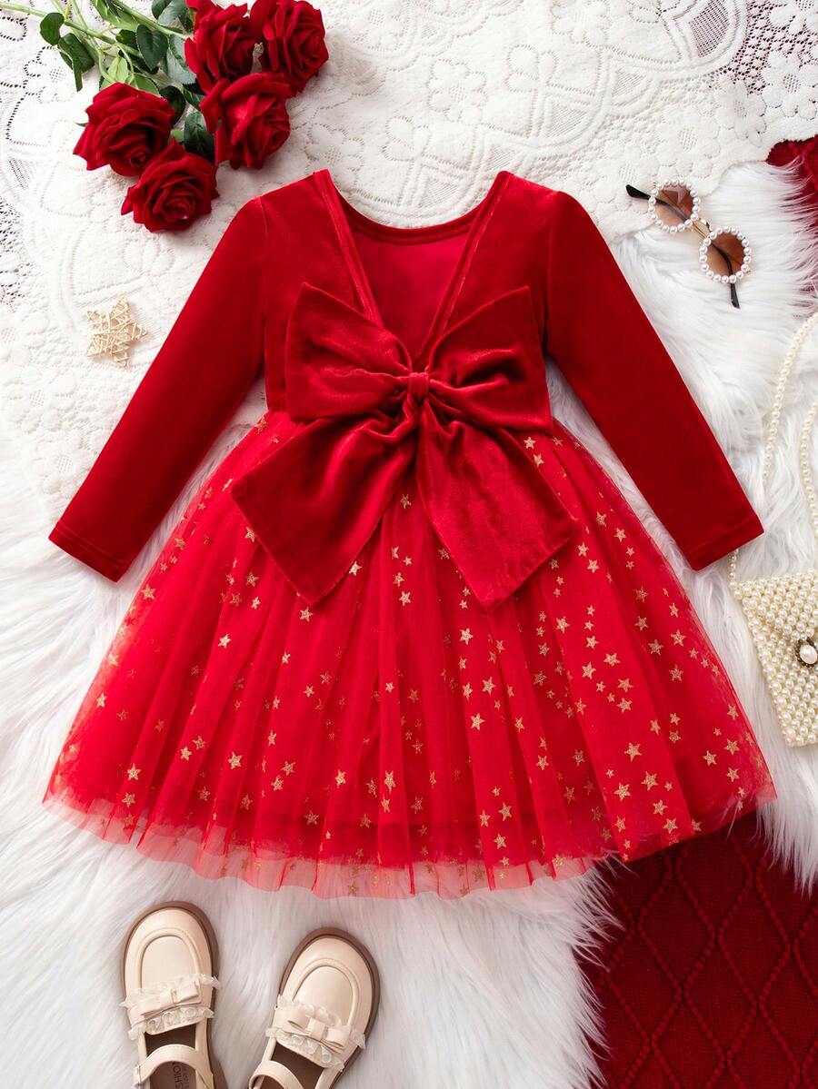 SHEIN Elegantes rotes Samtkleid mit Netzärmeln für Kleine Mädchen - Rot - Übersicht 1