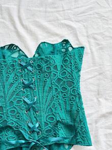 Soleia Áo corset ren hai lớp họa tiết xương cá kiểu dáng châu Âu và Mỹ dành cho giới trẻ, gợi cảm, phá cách, màu xanh ngọc lam, khoét rỗng và thêu họa tiết. - màu xanh lá - Xem 4