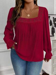 EMERY ROSE Plus Size Plain Simple Daily Wear Square Collar Long Sleeve Shirt Fall - Burgundy - View 6