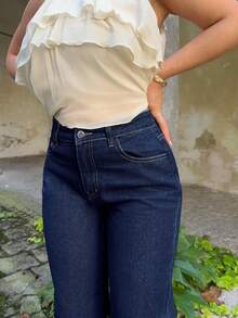 Jeta Ari 女式高腰口袋喇叭裤宽松休闲百搭保暖内衬牛仔裤 - 深色水洗藍 - 查看 3