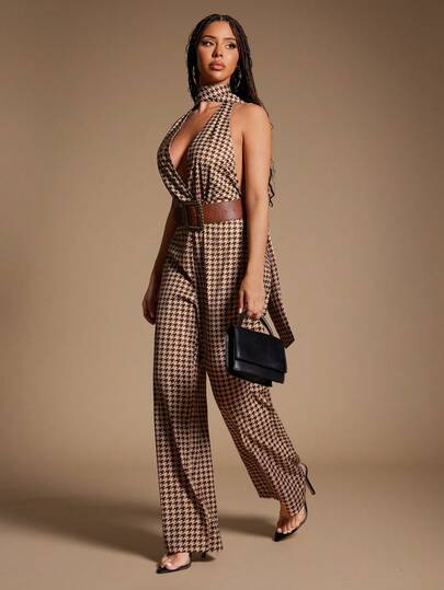 Radiana Women's Sexy & Elegant Vintage Coffee Brown Houndstooth Halter Backless Jumpsuit With Extra Long Neck Tie Design, Minimalist Retro Style Jumpsuit Suitable For Dates, Gatherings, Casual Outings, Commuting, Office, Workplace, Autumn/Winter