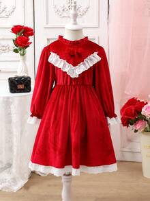 1 pieza Vestido de princesa de manga larga con cuello de volantes rojos elegantes de Navidad, puños y dobladillo con lazo 3D y encaje, cómodo y de moda, adecuado para primavera, otoño, invierno, salidas, viajes, fiestas y uso diario - Multicolor - Ver 2
