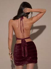 SHEIN BAE Robe mini élégante et sexy pour femmes avec patchwork en dentelle et dos nu - Rouge foncé - Voir 2