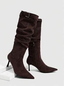 CUCCOO SZL Botas altas hasta la rodilla con puntera puntiaguda, tacón alto y diseño de hebilla - Café integral - Ver 2