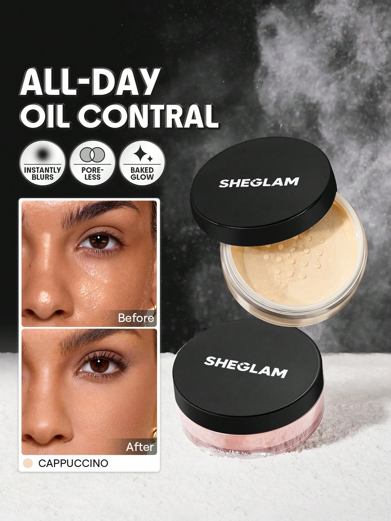 SHEGLAM بودرة تثبيت مخبوزة متوهجة-بودرة تثبيت سائبة للتحكم في الزيوت من كابتشينو، شفافة، خالية من المسام، خالية من العيوب، تنعم الخطوط الدقيقة