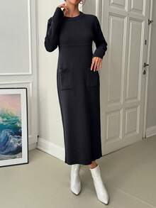 EURMUSE 女士纯色圆领带口袋细节长款毛衣连衣裙 - 黑色 - 查看 6