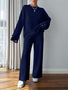 EURMUSE Ensemble pull et pantalon avec détails de boutons pour femmes - Bleu marine - Voir 4