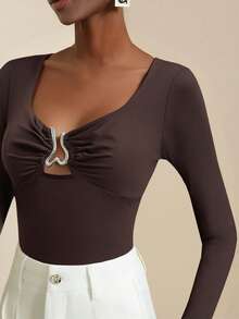 Lyxana Women's Long Sleeve T-Shirt, Transformable Collar, Metal Buckle Decor, Casual Slim Fit, Brown, Suitable For Spring, Summer, Autumn, Winter - Coffee Brown - View 3