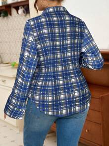 Elenzga Camisa casual de talla grande con mangas raglán y botones con contraste de cuadros - Azul - Ver 2