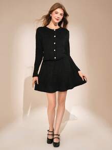 Teen Girls Cozy Fuzzy 2pcs Outfit,Long-Sleeve Button Front Cardigan&Flared Mini Skirt Set,Black Soft Textured Autumn,Casual,Holiday Stylish Ensemble - Black - View 4