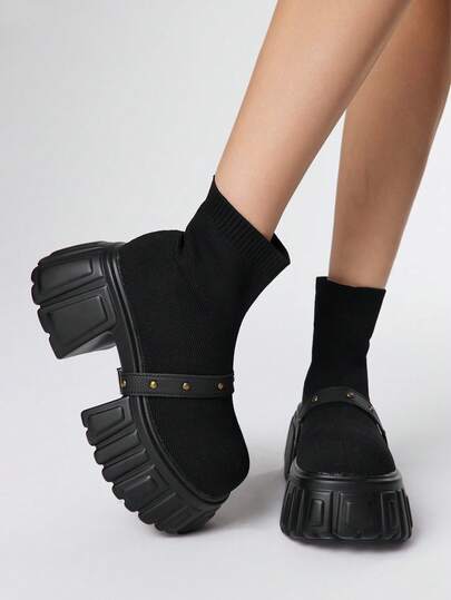 Women's Dark Punk Goth Boots, Elastic Platform Thick Sole Motorcycle Boots, Leather Riding Boots With Laces, Party Dress Ankle Boots And Short Boots