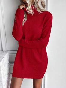EMERY ROSE Váy len cổ lọ trơn màu thường ngày dành cho nữ, Thu/Đông - Đỏ - Xem 7