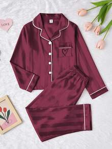 Teen GirlMinimalist Casual Champagne Twill Fabric Heart Embroidery Long Pants & Long Sleeve 2 Pieces Pajama Set - Burgundy - View 6