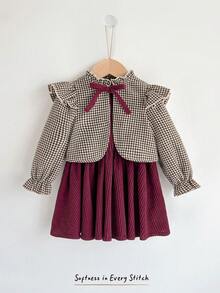 Cozy Pixies 2pcs Baby Girl Solid Color Round Neck Sleeveless Waist Dress & Long Sleeve Bow Decor Cardigan Set, Comfortable Versatile Fashionable Casual Minimalist Style, Suitable For Indoor, Outdoor Leisure, Skiing, Back To School, Daily Wear, Sports, Play, Party, Autumn/Winter Season Toddler Winter Dresses Fall Clothes For Girls Burgundy Baby Girl Dress Baby Girl Fall Clothes Jackets - Multicolor - View 4