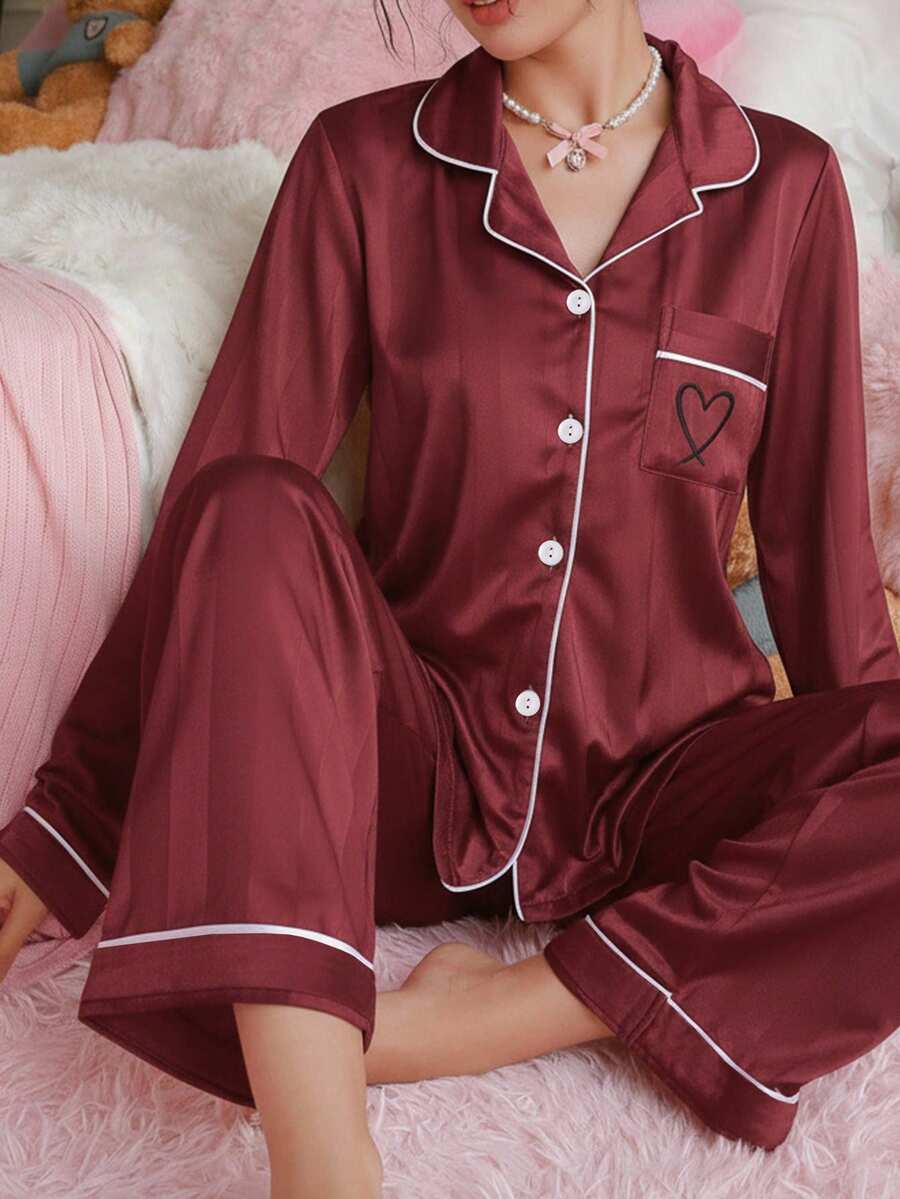 Ensemble de pyjama 2 pièces pour adolescentes, pantalon long et haut à manches longues en tissu sergé champagne avec broderie de cœur, style minimaliste et décontracté