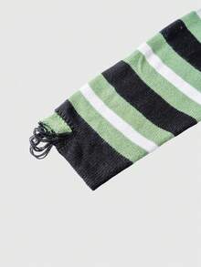 ROMWE MEN Street Life Suéter de hombre con rayas de color contrastante, decoración con flecos y efecto desgastado para otoño/invierno - Verde - Ver 4