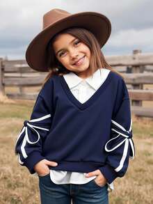 SHEIN Sparklyn Teen Girl Casual Pullover Sweatshirt, 2 In 1 Sweatshirt With Shirt Collar, Numeric & Letter, Leopard Print Pattern, Loose Fit - Navy Blue - View 5