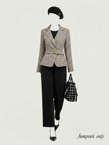 SHEIN MOD 大码女式黑色复古 70 年代连体裤（含免费腰带）- 复古风格、通勤装、学院风、休闲装、西式装、办公室装和机场装 - 黑色 - 查看 2