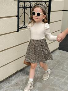 SHEIN Elladie kids 年轻女孩泡泡袖针织罗纹上衣和编织格子下摆连衣裙配帽子，休闲优雅，秋冬 - 杏色 - 查看 6