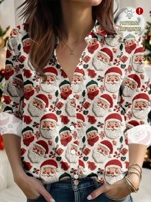 SHEIN LUNE Women's Casual Christmas Printed Shirt, Suitable For Autumn/Winter Cute Shirt For Women Summer Shirt Christmas Shirt Camisas For Women - Multicolor - View 3