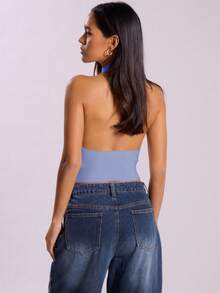 MUSERA High Neck Ribbed Backless Halterneck Knit Top Y2k Grunge Festival Concert, Sexy Summer Rave Ibiza Winter Date Night Work Office - Blue - View 2