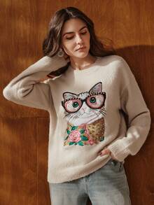 Anewsta Herbst/Winter französischer eleganter lässiger Oversized bestickter Kirsch Katzen Rundhals Pullover, geeignet für Frühling, Sommer, Herbst, Festivals, Feiertage, Urlaub, elegant, Business-Lässig, schick - Aprikosenfarben - Übersicht 4