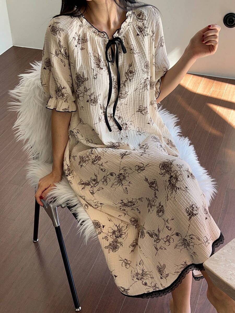 DAZY 女款花卉印花撞色領結領荷葉邊下擺長款睡裙睡衣 - 棕色 - 查看 1