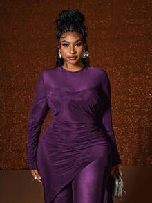 Maweii Mono transparente sexy de malla con bajo asimétrico para mujer de talla grande, otoño - Morado - Ver 4